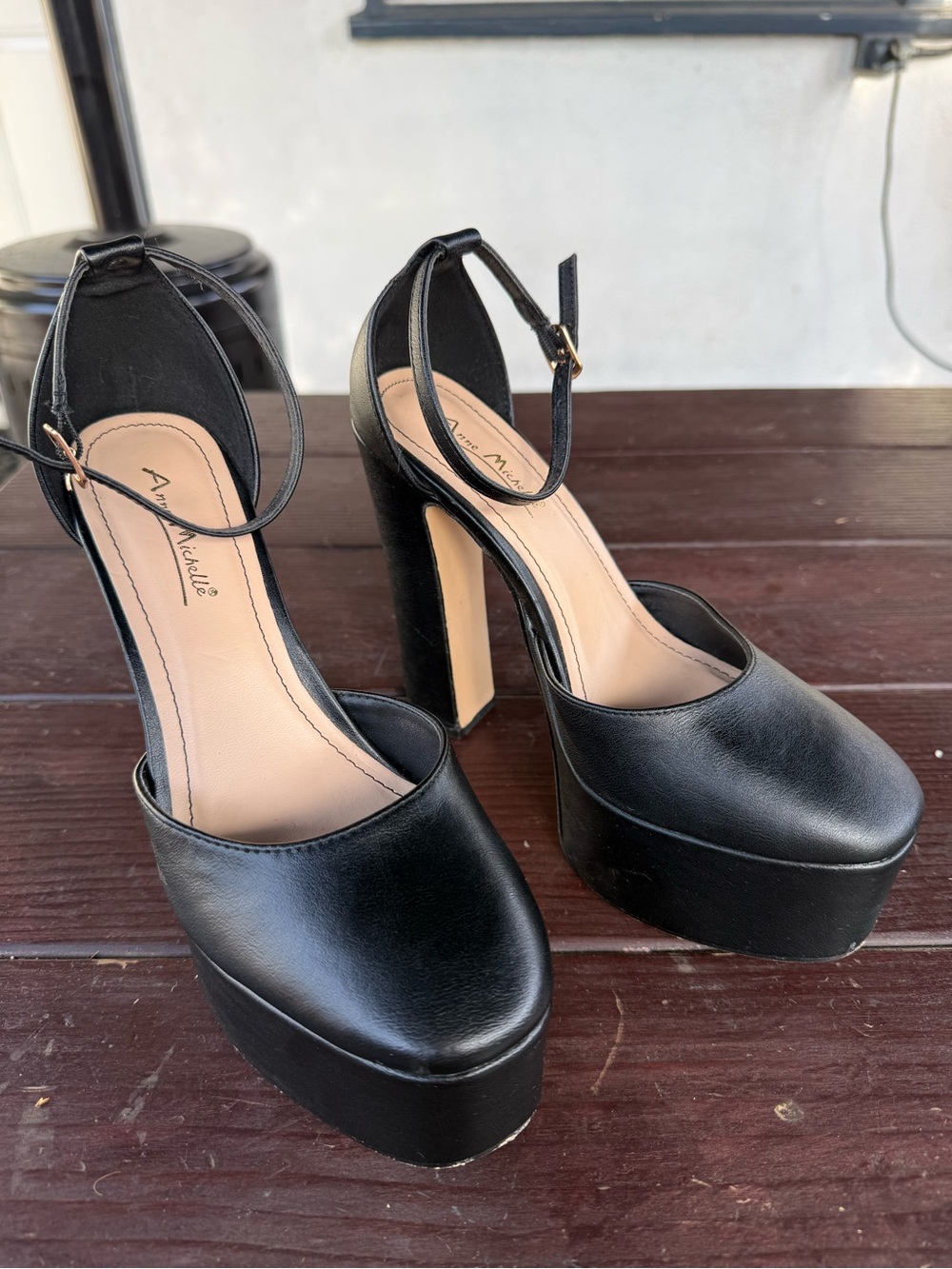 Anne Michelle Black Platform Block Heel Ankle Strap Buckle Women's Shoes